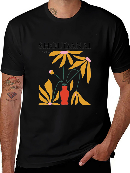 Camiseta Negra con Diseño Floral Abstracto Japonés