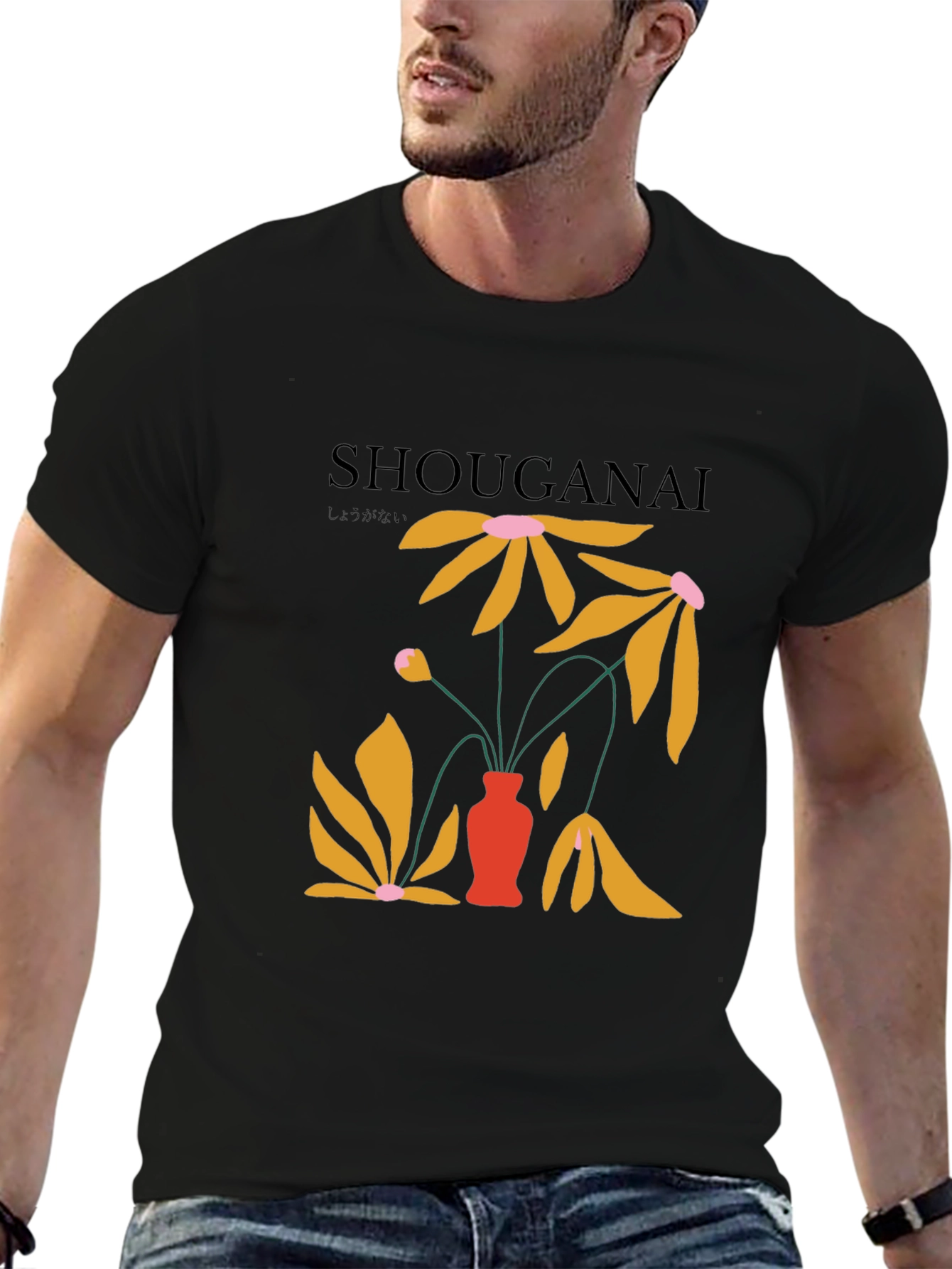 Camiseta Negra con Diseño Floral Abstracto Japonés