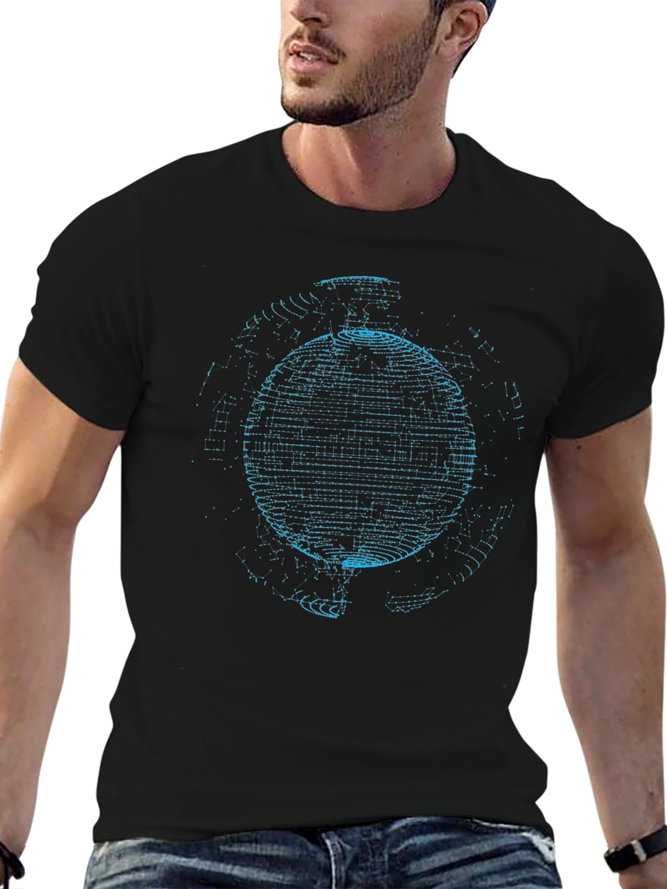 Camiseta Negra Hombre Diseño Esfera Azul