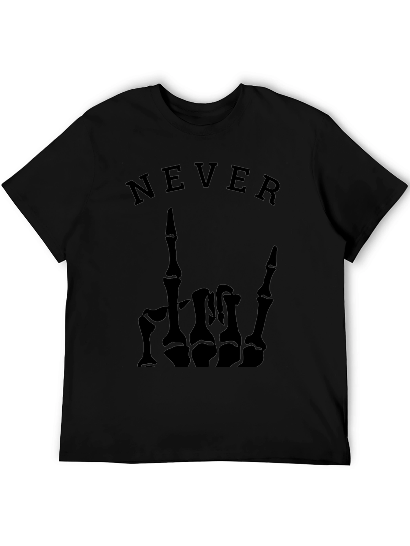 Camiseta Negra con Diseño de Mano Esquelética y NEVER