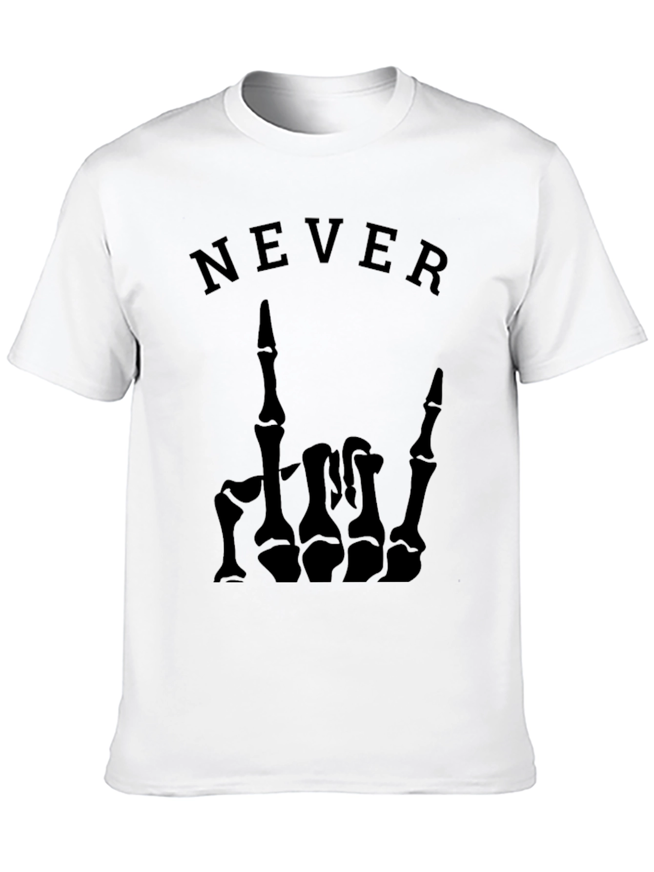 Camiseta Negra con Diseño de Mano Esquelética y NEVER