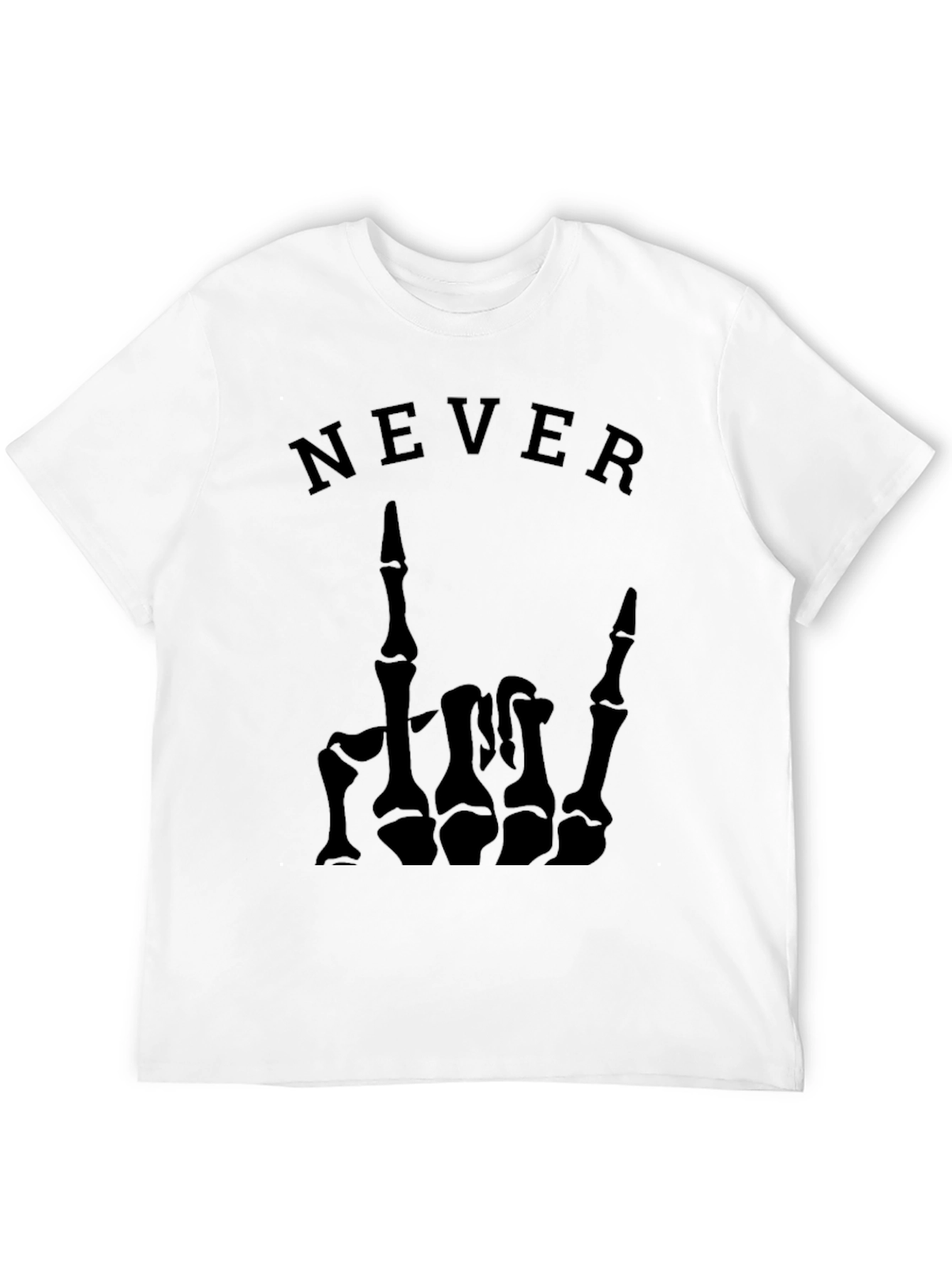 Camiseta Negra con Diseño de Mano Esquelética y NEVER