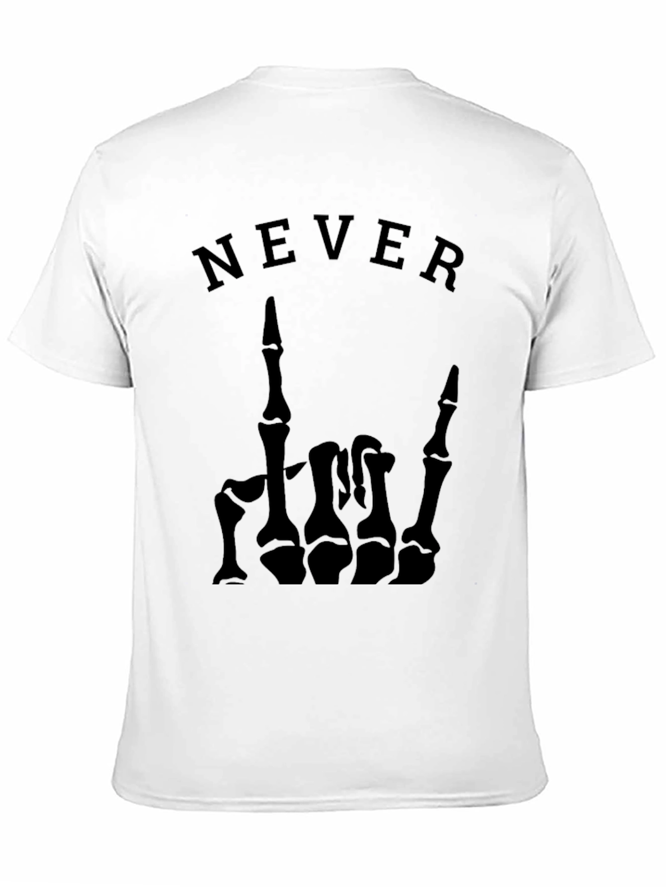 Camiseta Negra con Diseño de Mano Esquelética y NEVER