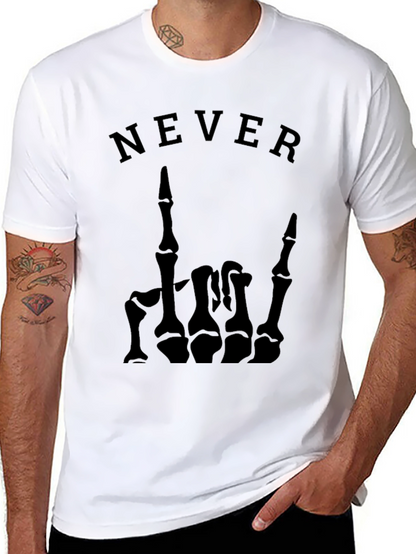 Camiseta Negra con Diseño de Mano Esquelética y NEVER