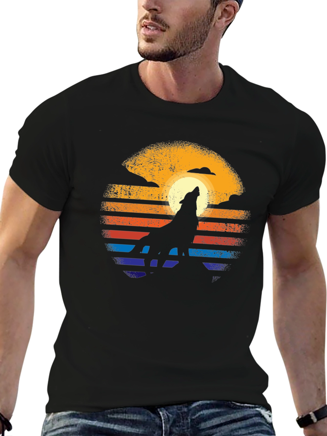 Camiseta Hombre Diseño Lobo Aullando al Sol