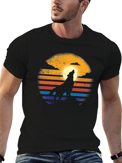Camiseta Hombre Diseño Lobo Aullando al Sol