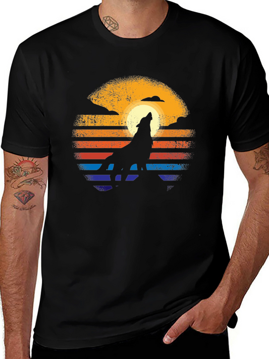 Camiseta Hombre Diseño Lobo Aullando al Sol