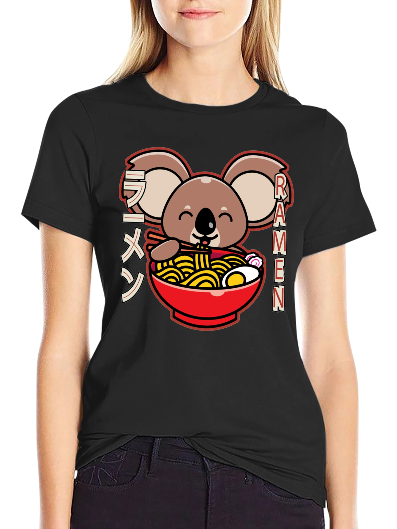 Camiseta Negra Koala Ramen - Estilo Japonés Kawaii