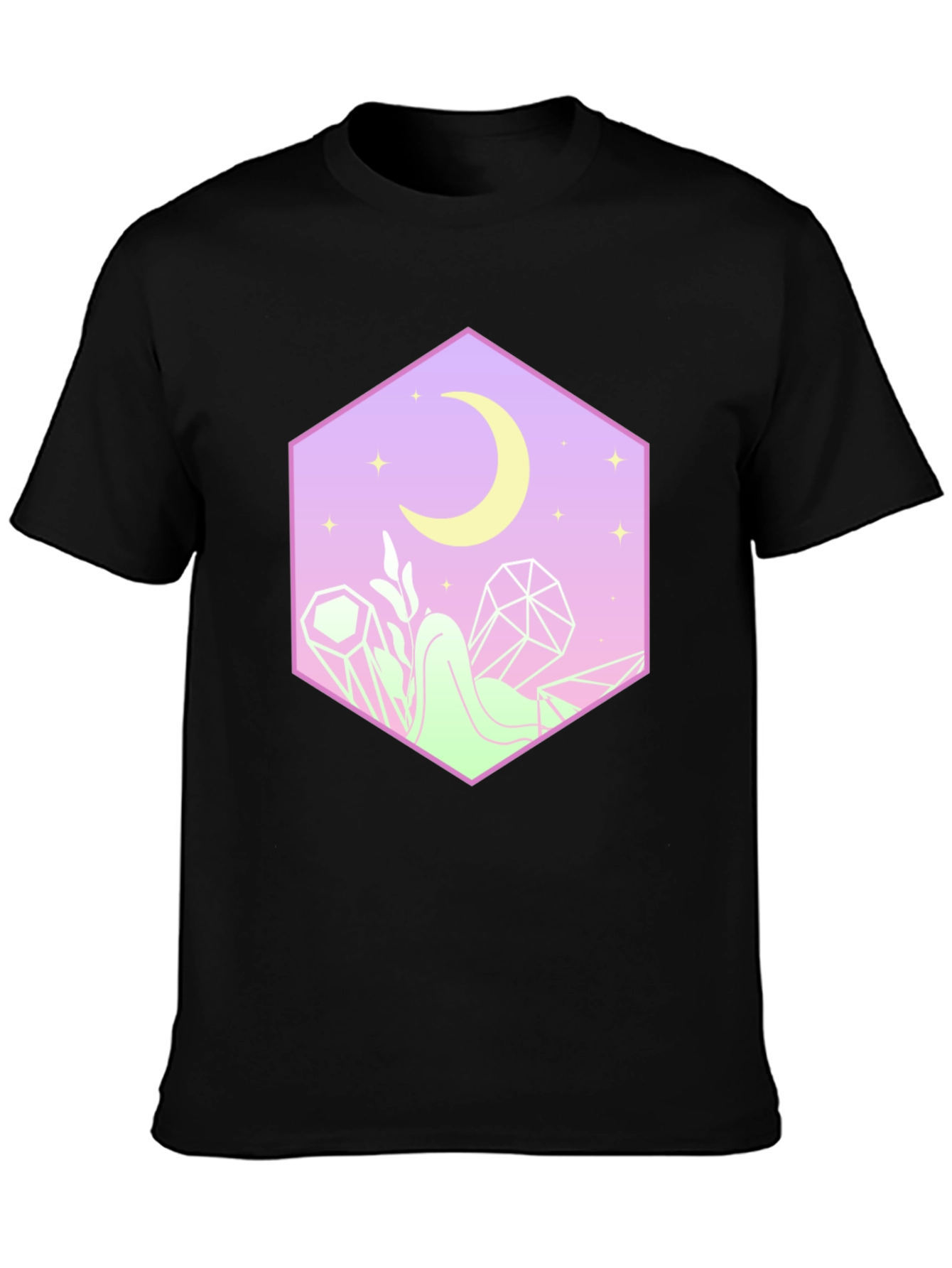 Camiseta Negra con Diseño Místico de Luna y Cristales