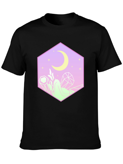 Camiseta Negra con Diseño Místico de Luna y Cristales