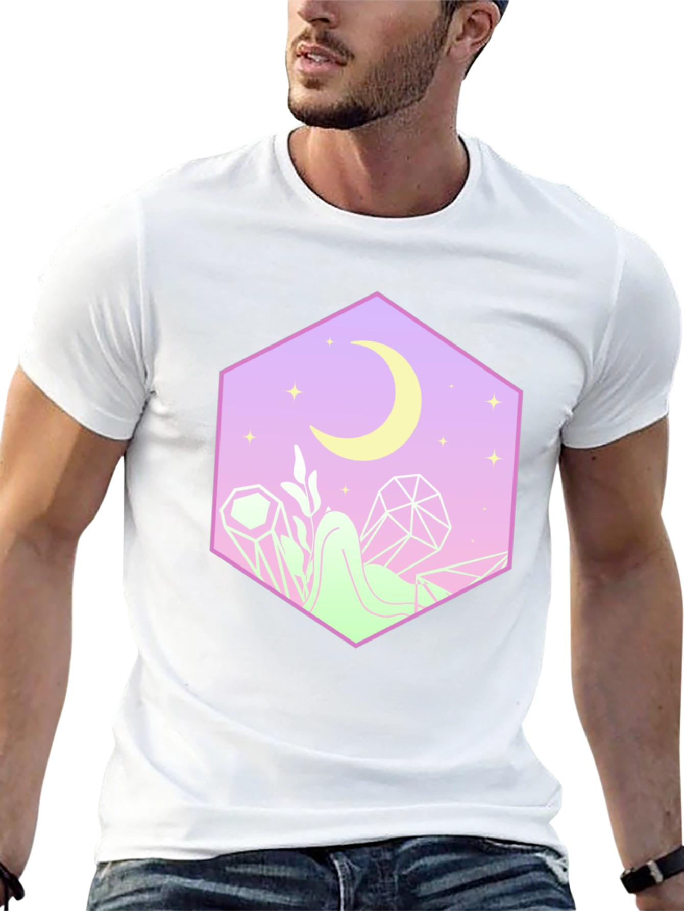 Camiseta Negra con Diseño Místico de Luna y Cristales