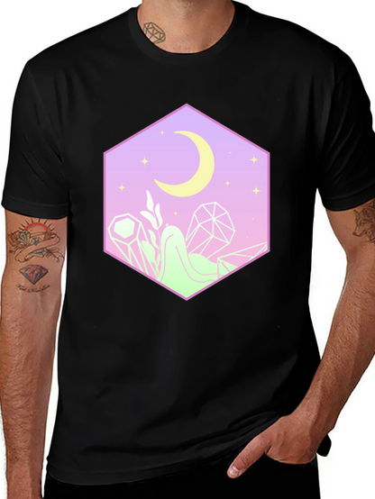 Camiseta Negra con Diseño Místico de Luna y Cristales