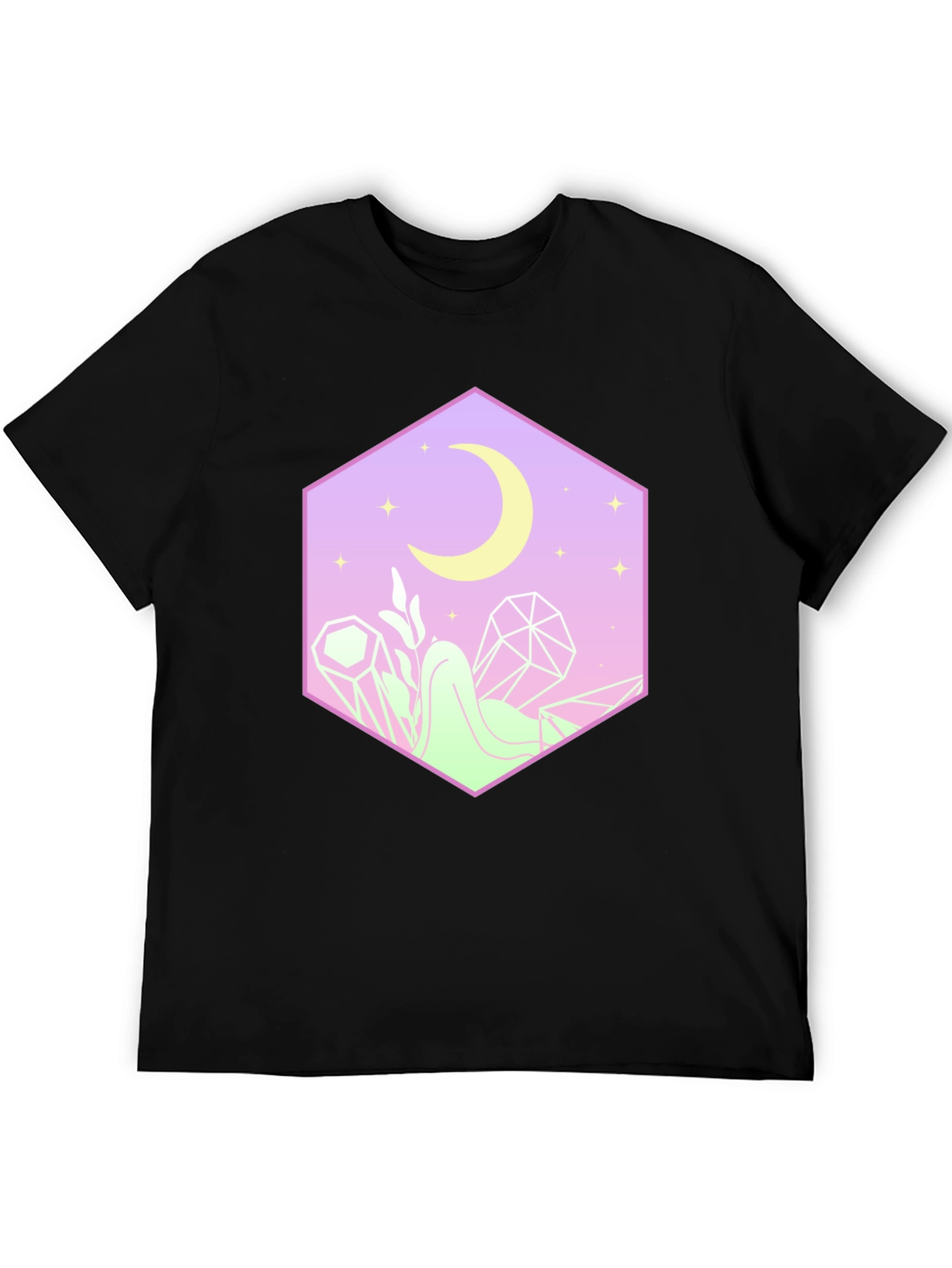 Camiseta Negra con Diseño Místico de Luna y Cristales