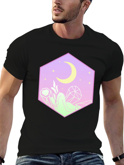 Camiseta Negra con Diseño Místico de Luna y Cristales