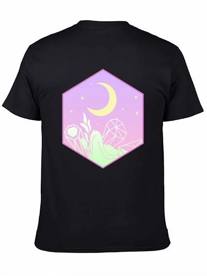 Camiseta Negra con Diseño Místico de Luna y Cristales