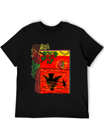 Camiseta Negra con Diseño Artístico de Barco al Atardecer