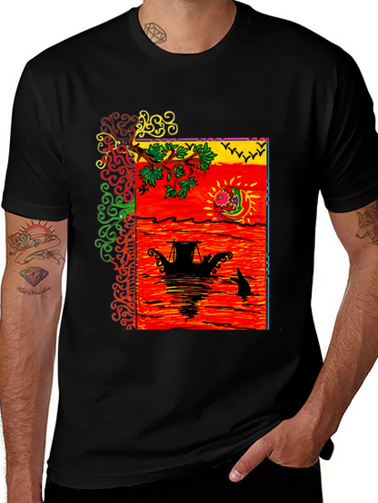 Camiseta Negra con Diseño Artístico de Barco al Atardecer