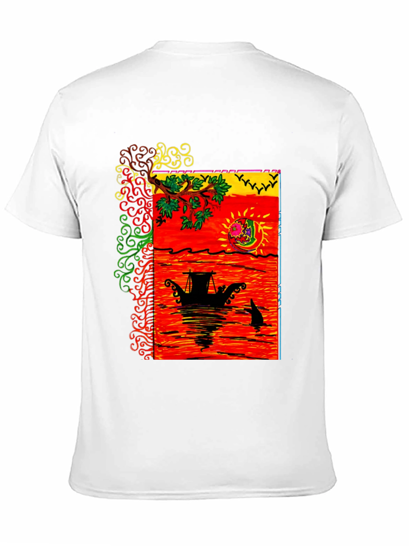 Camiseta Negra con Diseño Artístico de Barco al Atardecer
