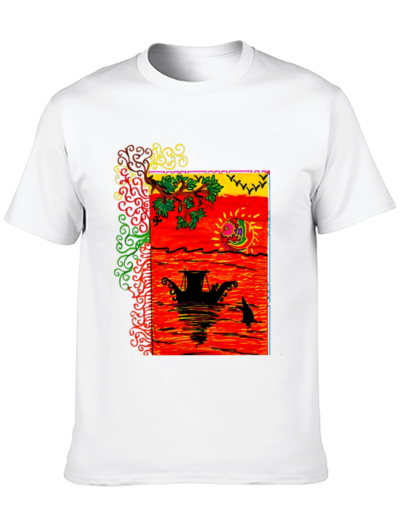 Camiseta Negra con Diseño Artístico de Barco al Atardecer