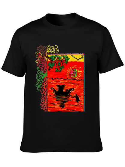 Camiseta Negra con Diseño Artístico de Barco al Atardecer