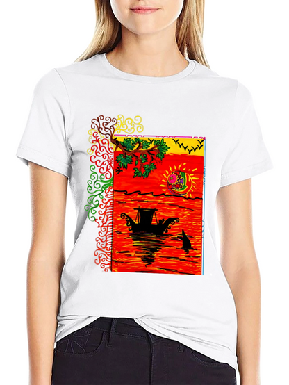 Camiseta Negra con Diseño Artístico de Barco al Atardecer