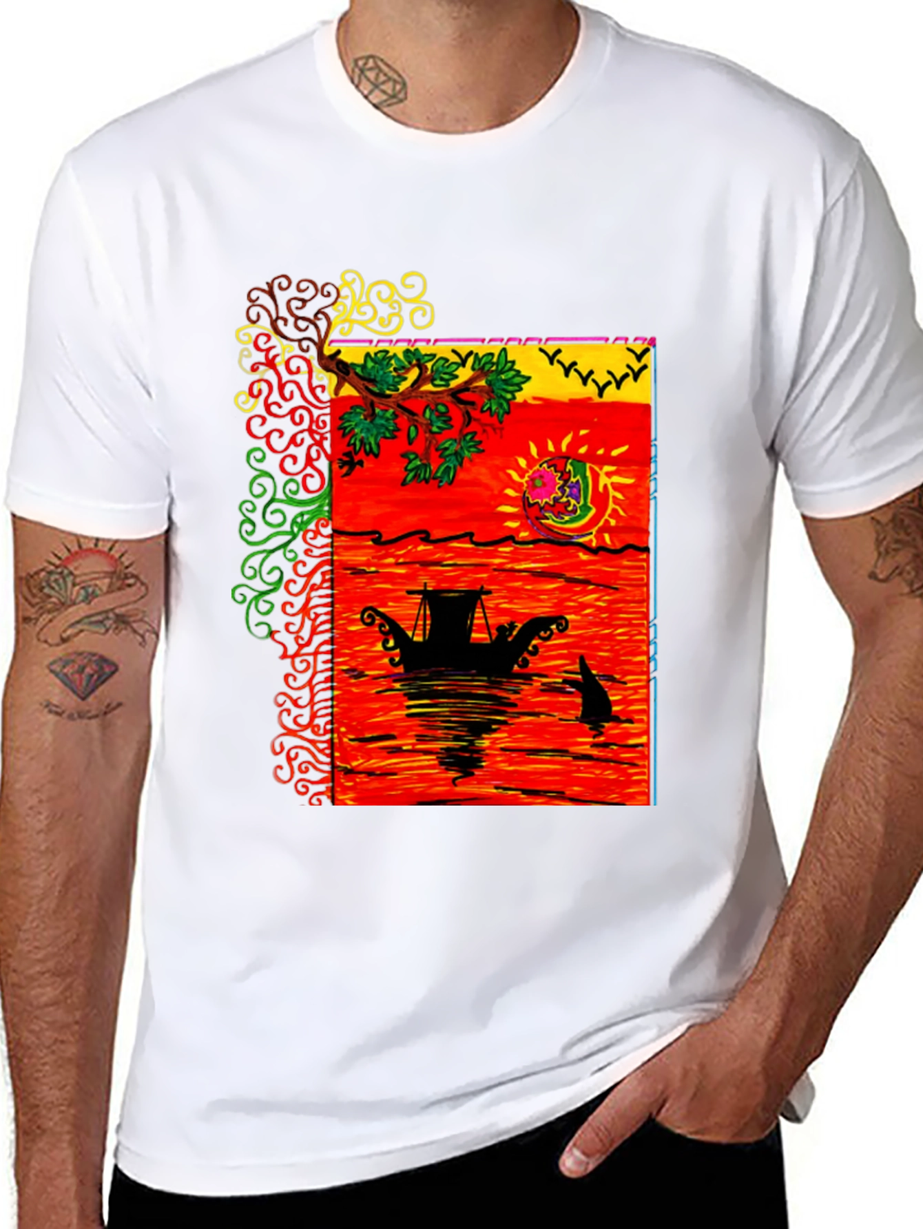 Camiseta Negra con Diseño Artístico de Barco al Atardecer