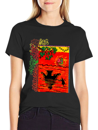 Camiseta Negra con Diseño Artístico de Barco al Atardecer