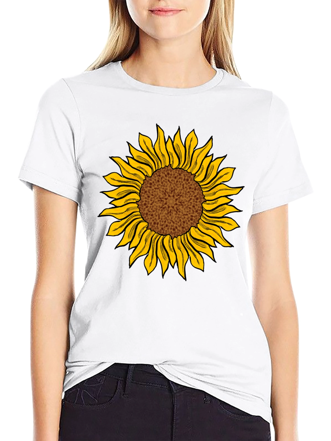 Camiseta Negra con Girasol Estampado