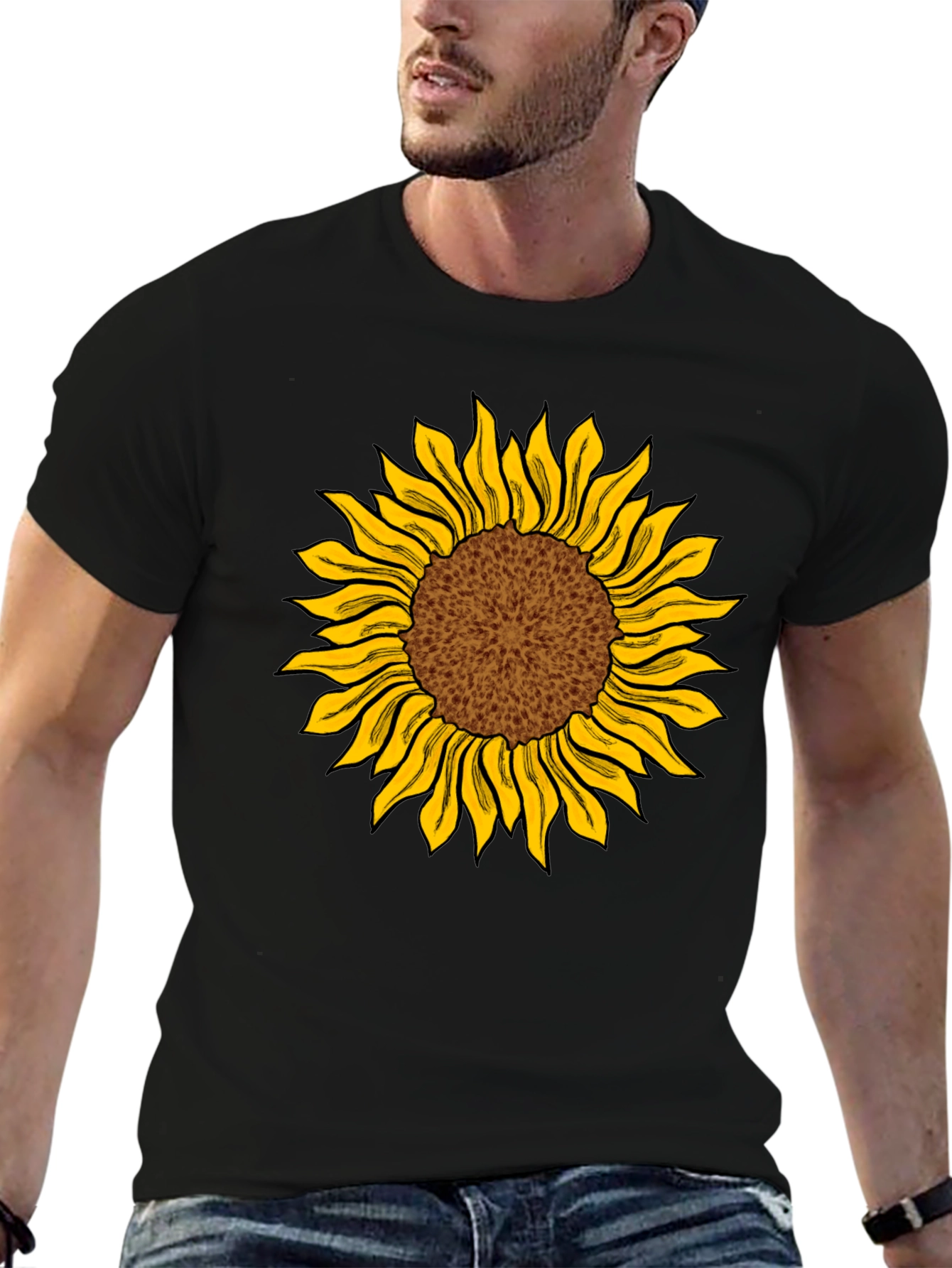 Camiseta Negra con Girasol Estampado