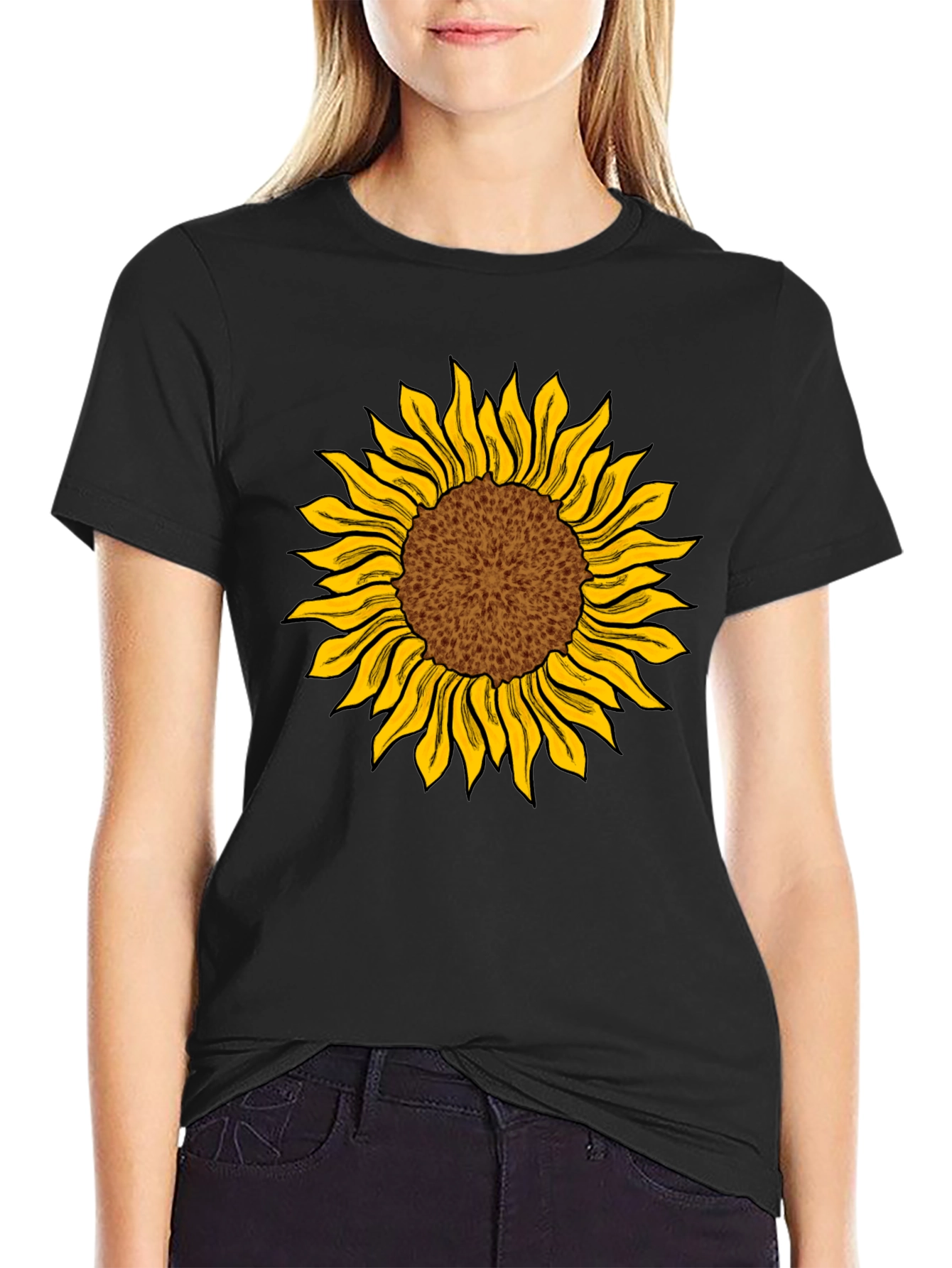 Camiseta Negra con Girasol Estampado