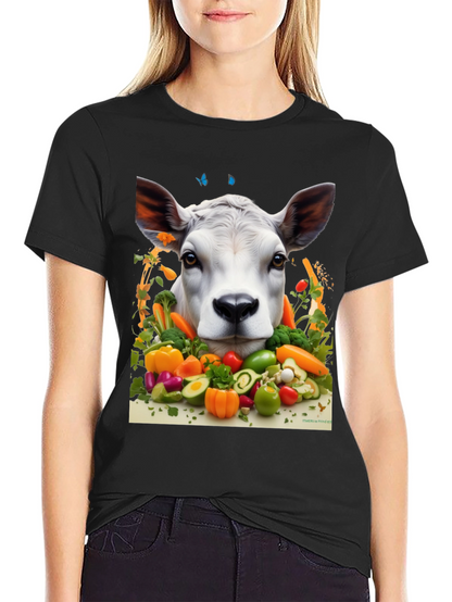 Camiseta Negra con Diseño de Vaca Vegana