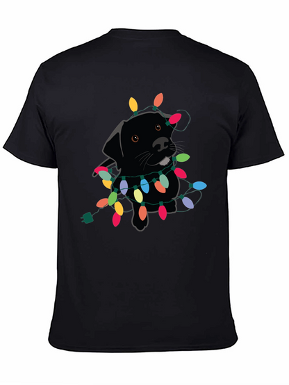 Camiseta Negra con Perro Labrador y Luces Navideñas