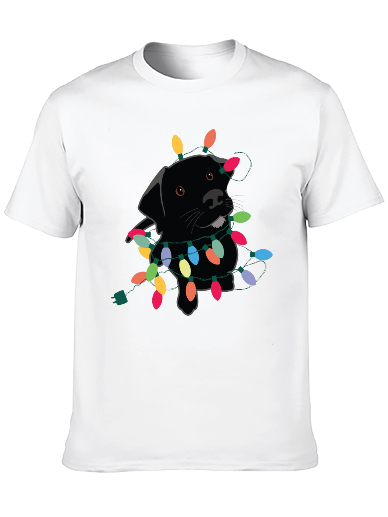Camiseta Negra con Perro Labrador y Luces Navideñas