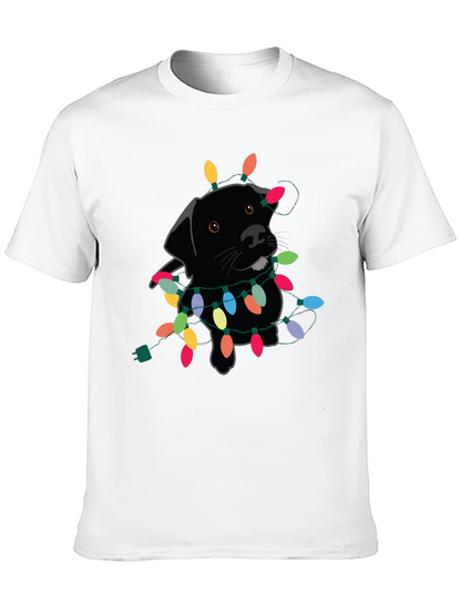 Camiseta Negra con Perro Labrador y Luces Navideñas