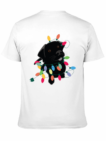 Camiseta Negra con Perro Labrador y Luces Navideñas
