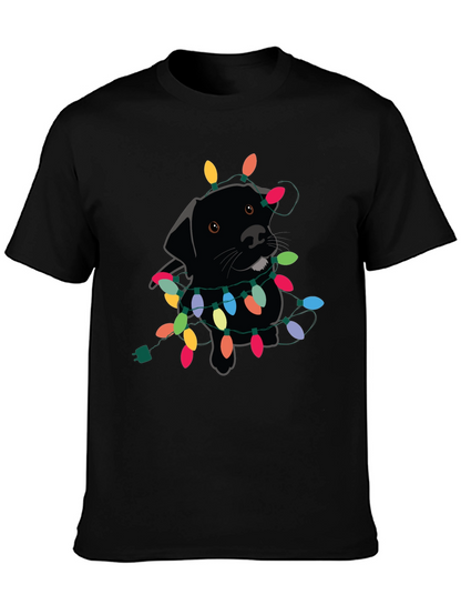 Camiseta Negra con Perro Labrador y Luces Navideñas