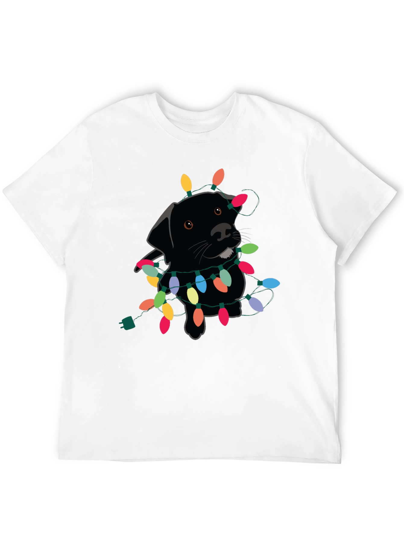 Camiseta Negra con Perro Labrador y Luces Navideñas
