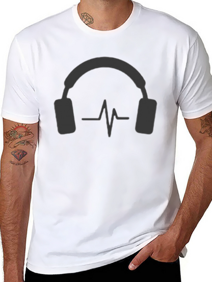 Camiseta Negra con Diseño de Auriculares y Ritmo Cardíaco