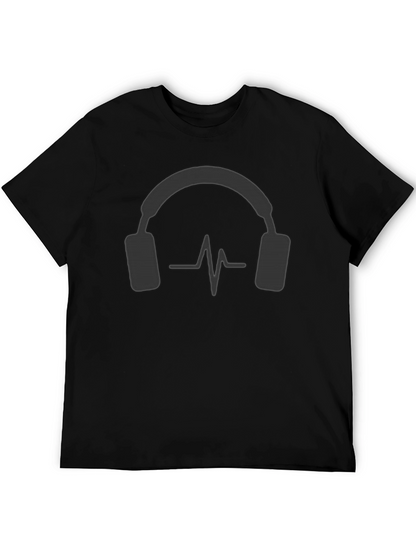 Camiseta Negra con Diseño de Auriculares y Ritmo Cardíaco