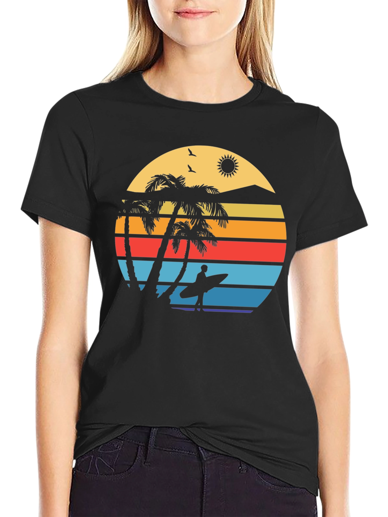 Camiseta Negra con Diseño Retro de Playa