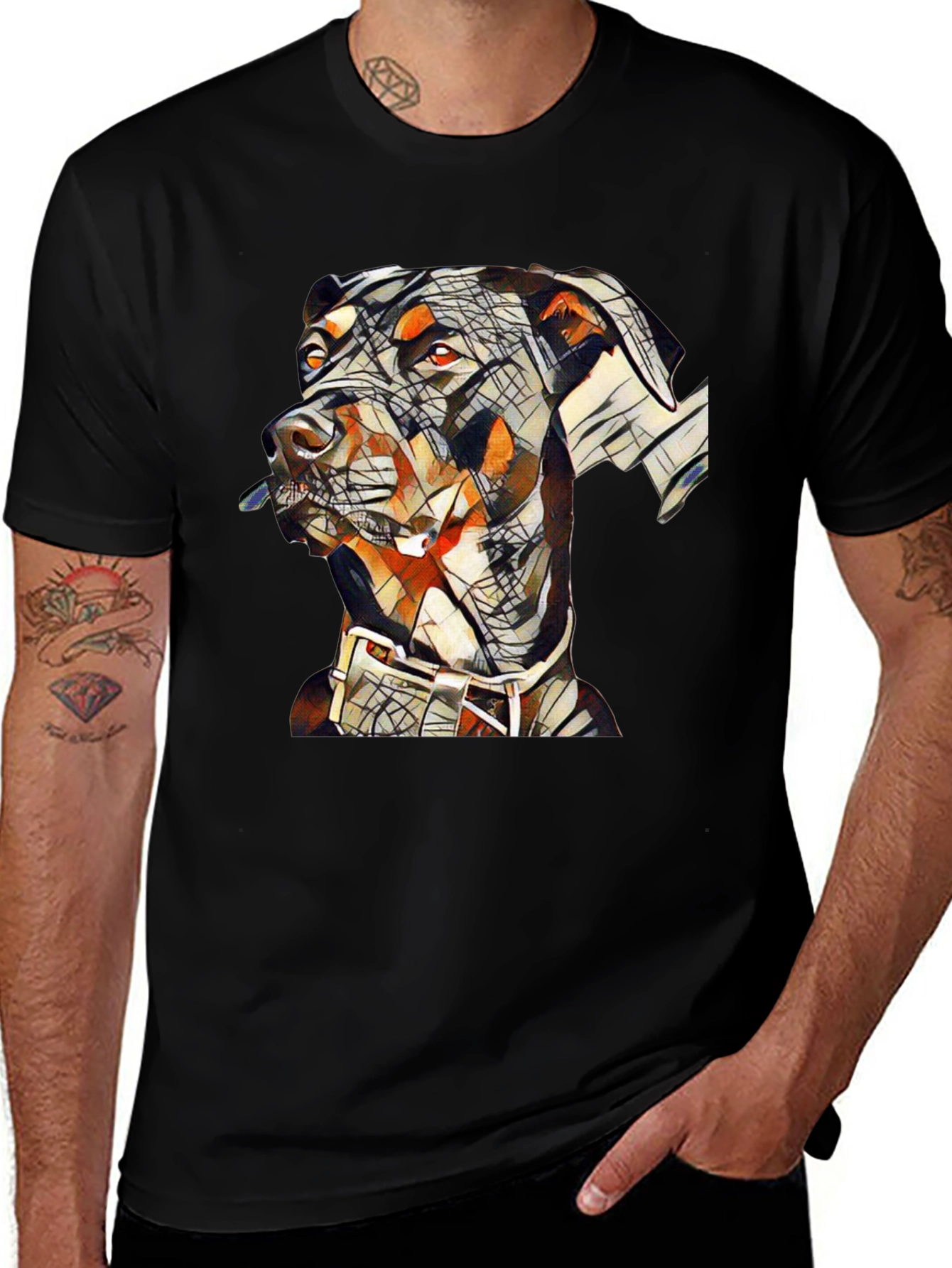 Camiseta Negra con Diseño Abstracto de Doberman