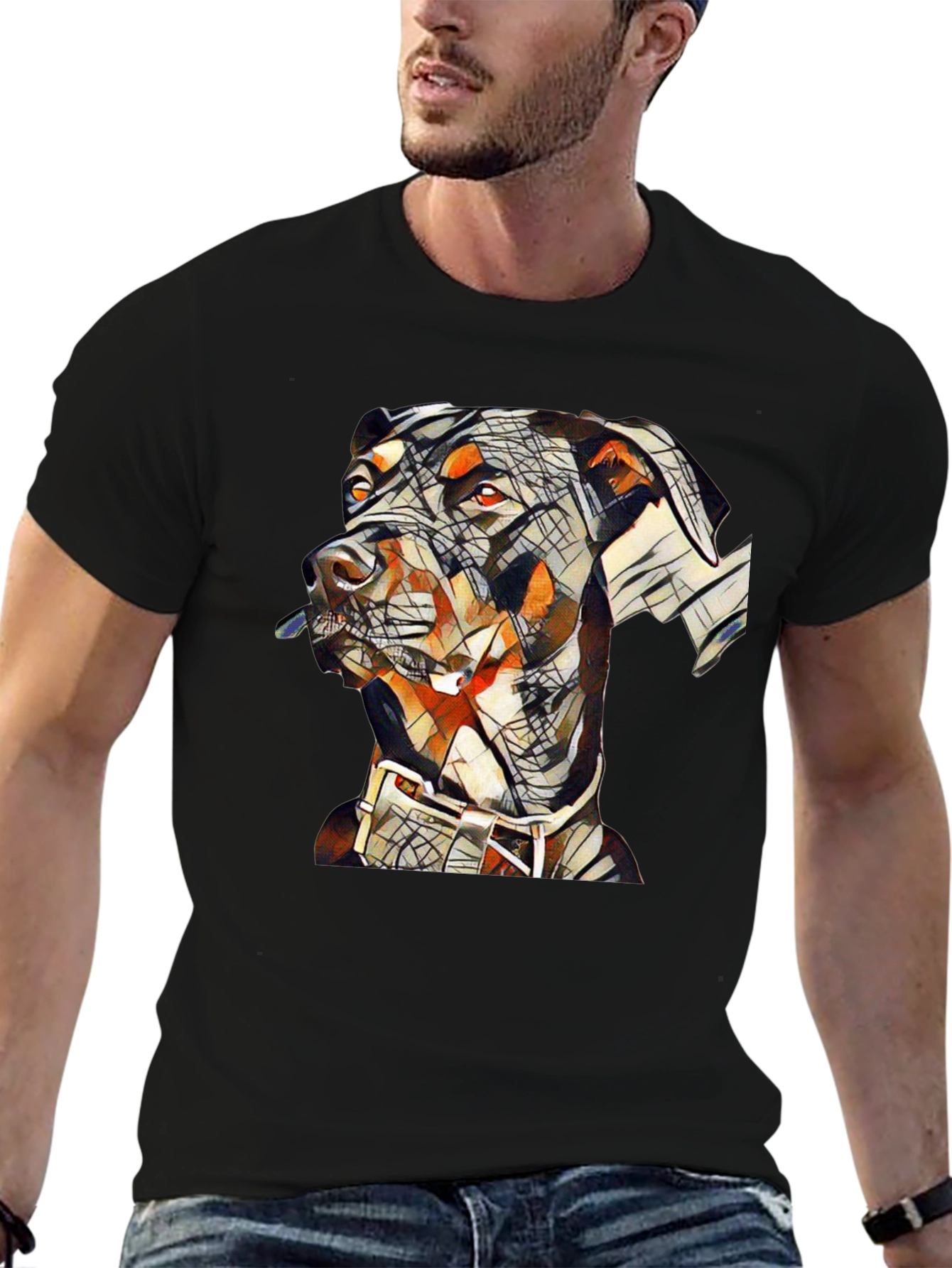 Camiseta Negra con Diseño Abstracto de Doberman