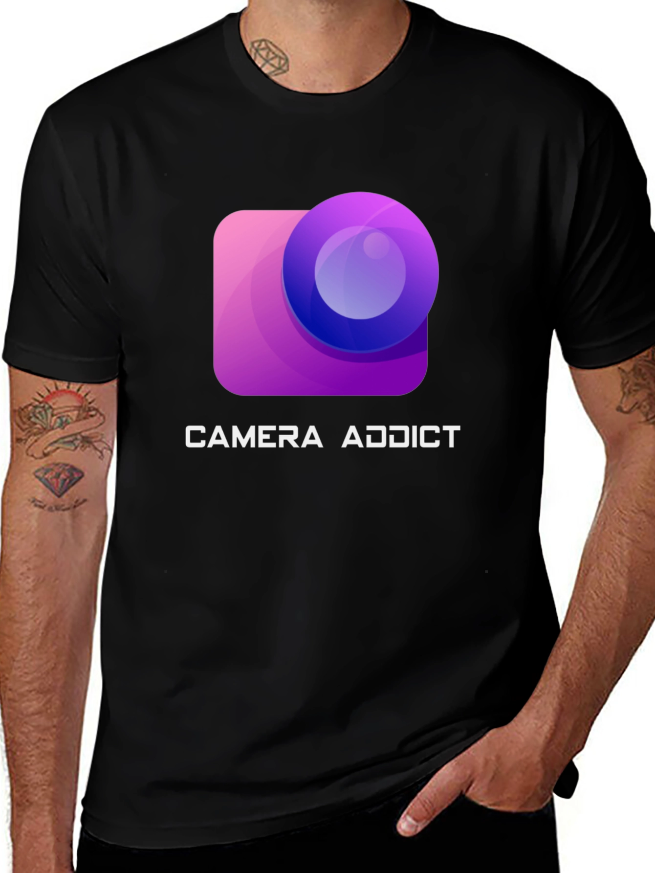 Camiseta Negra Camera Addict para Amantes de la Fotografía