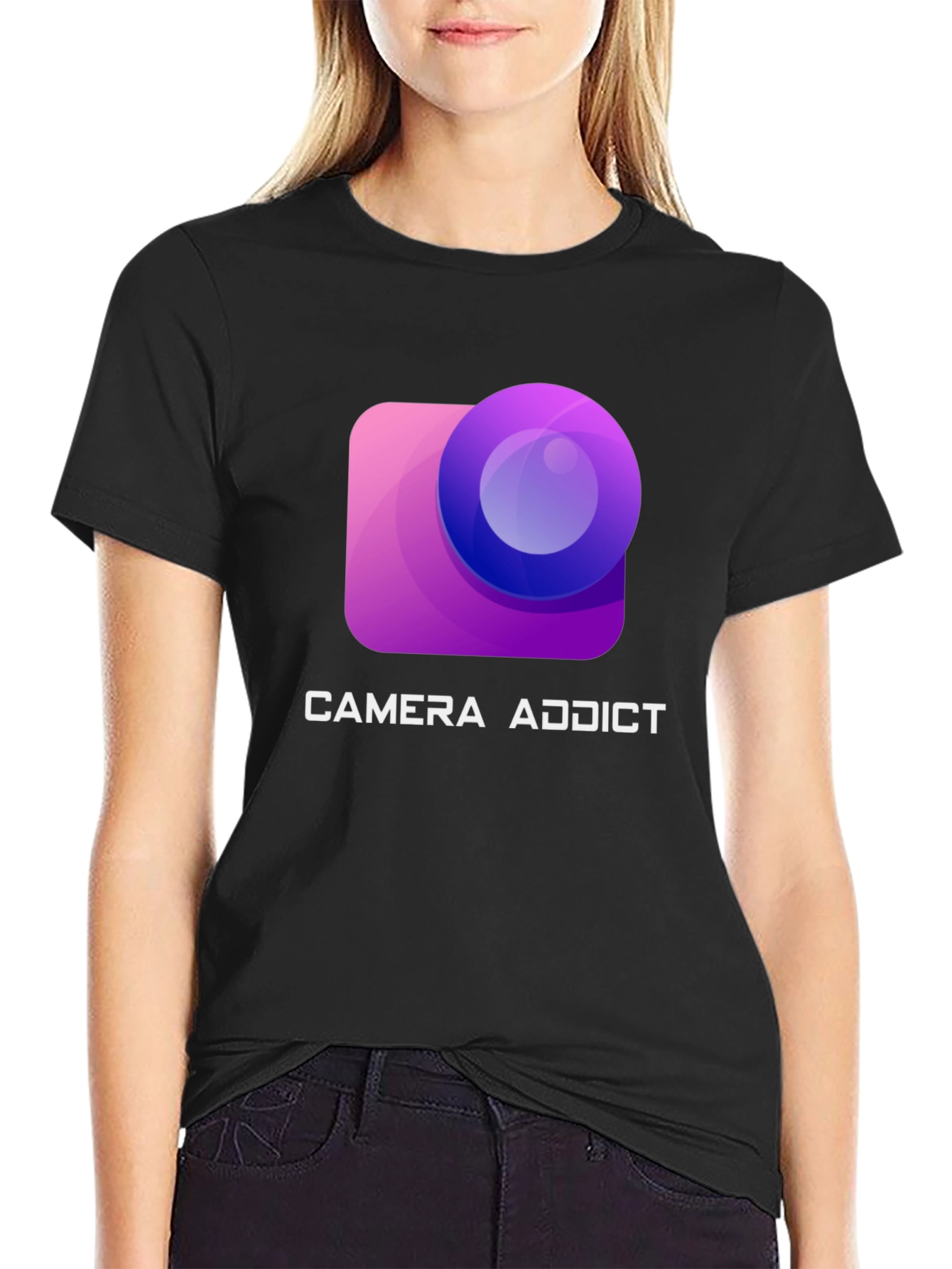 Camiseta Negra Camera Addict para Amantes de la Fotografía