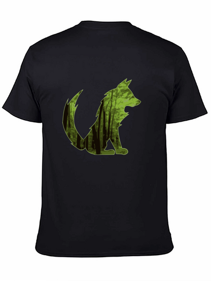 Camiseta Negra Hombre Diseño Lobo Bosque