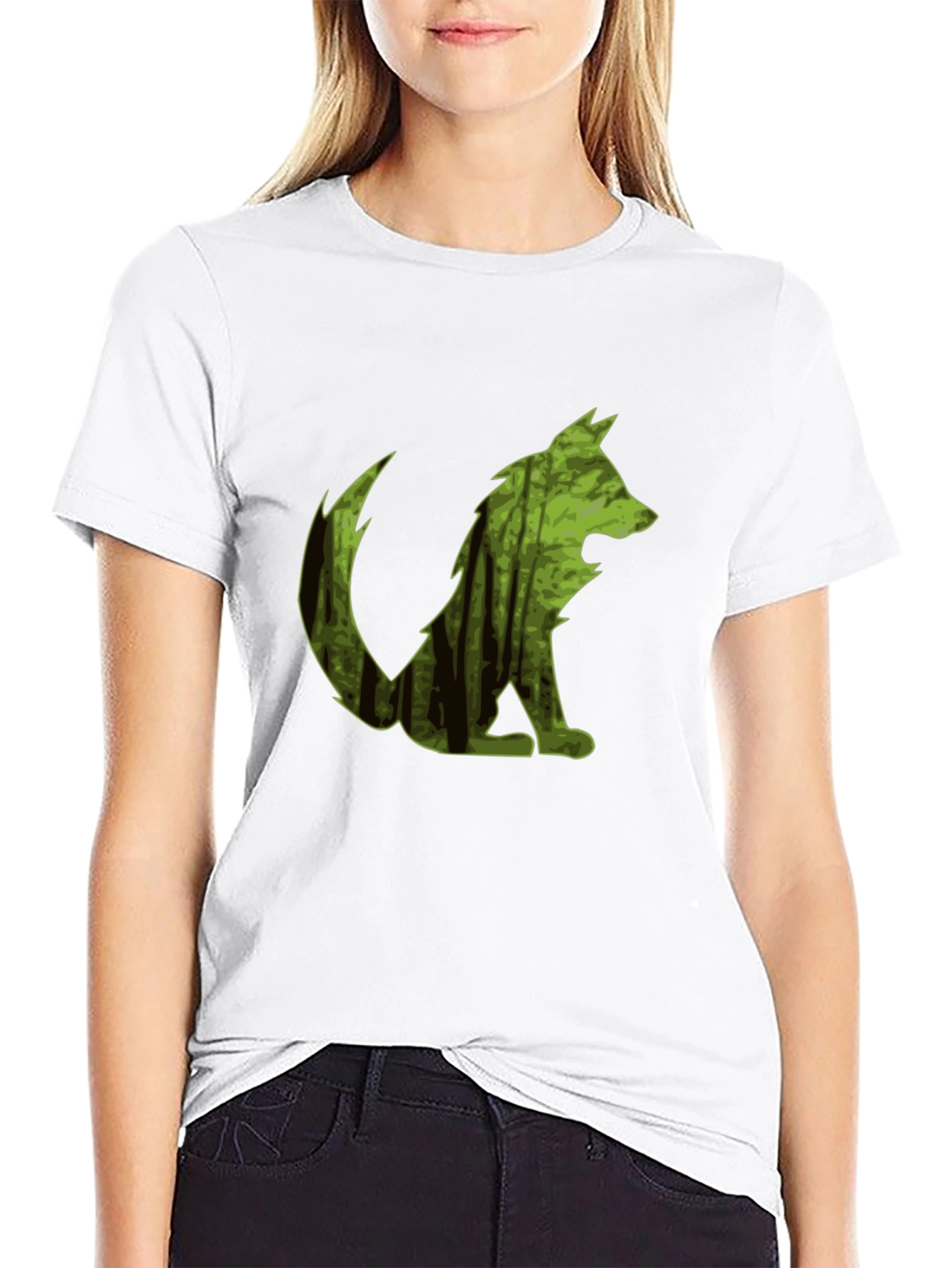 Camiseta Negra Hombre Diseño Lobo Bosque