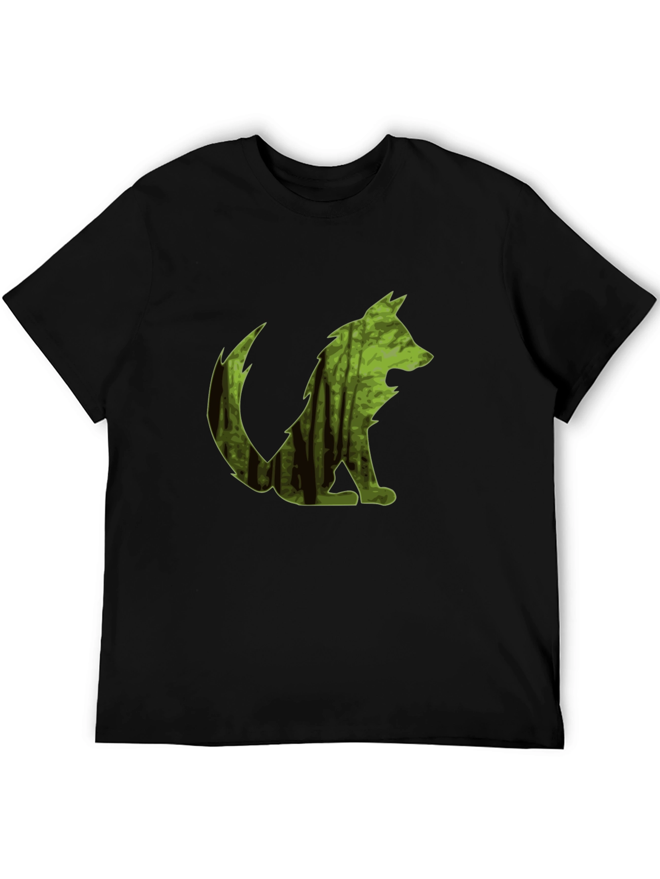 Camiseta Negra Hombre Diseño Lobo Bosque