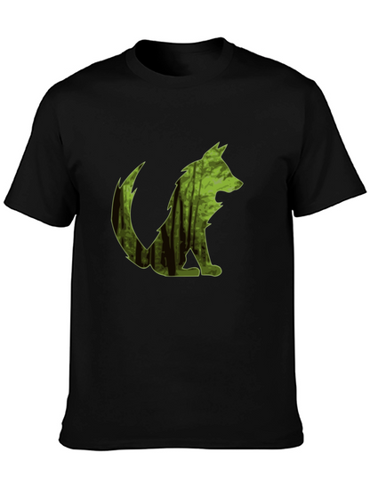 Camiseta Negra Hombre Diseño Lobo Bosque