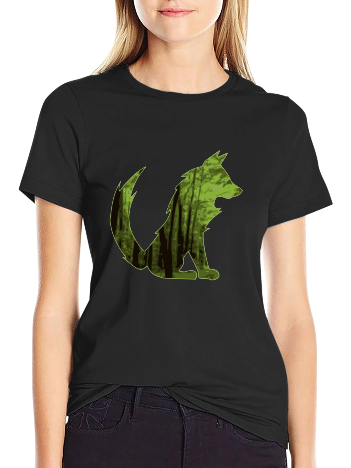 Camiseta Negra Hombre Diseño Lobo Bosque