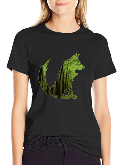 Camiseta Negra Hombre Diseño Lobo Bosque